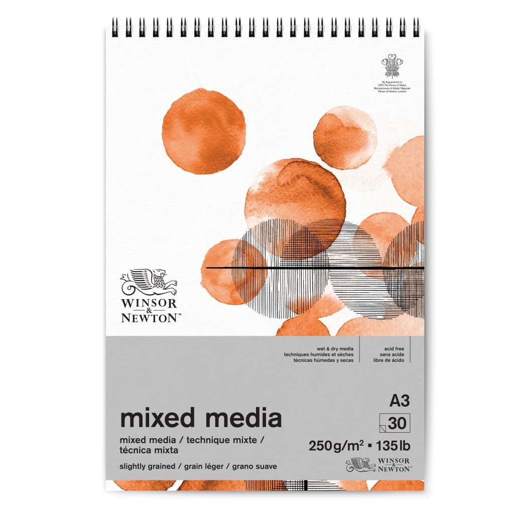 Winsor & Newton Mixed Media Paper - Fine Grain 250 GSM - A3 (21 cm x 29.7 cm or 8.3 in x 11.7 in) Natural White Short Side Spiral Album of 30 Sheets