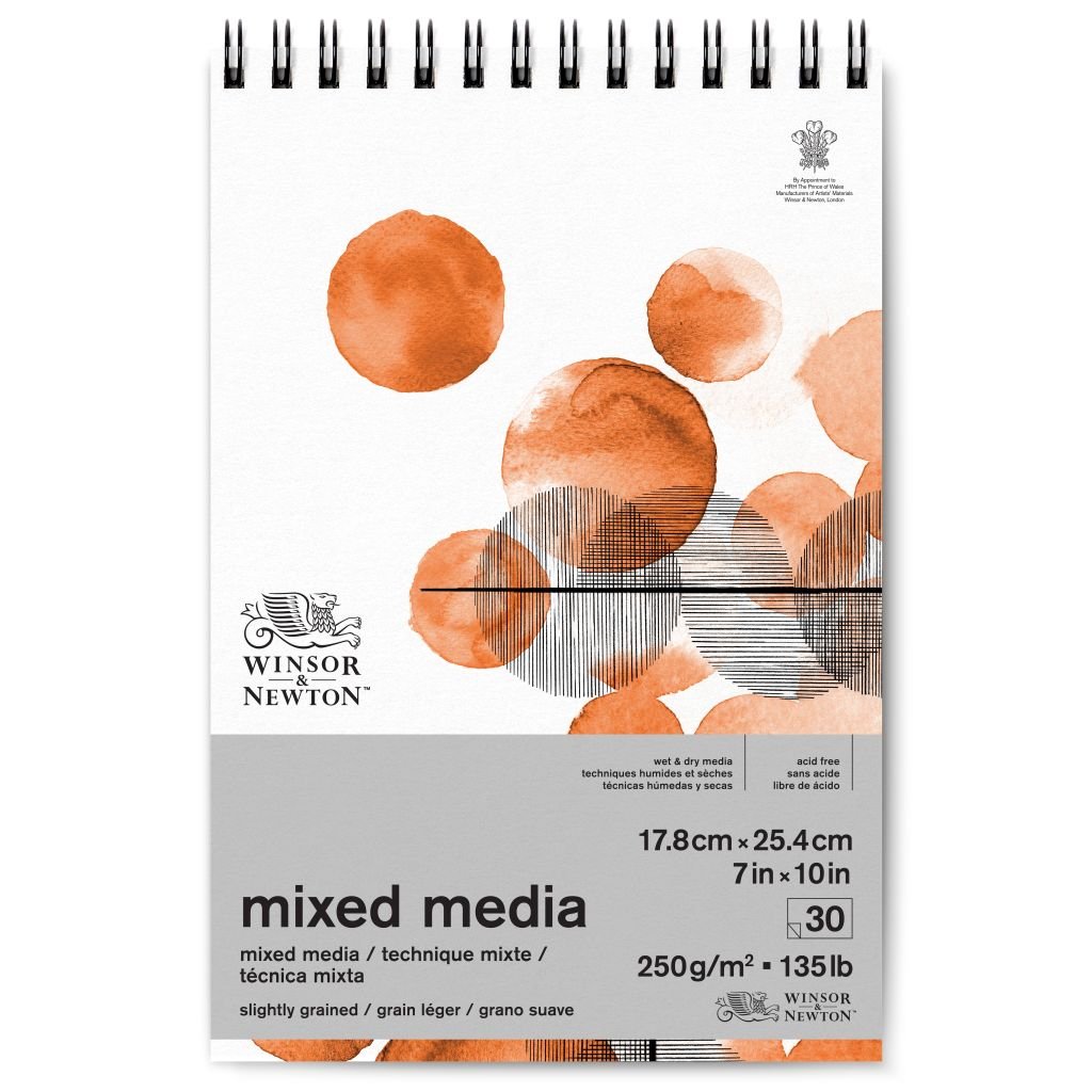 Winsor & Newton Mixed Media Paper - Fine Grain 250 GSM - 17.8 cm x 25.4 cm or 7 in x 10 in Natural White Short Side Spiral Album of 30 Sheets