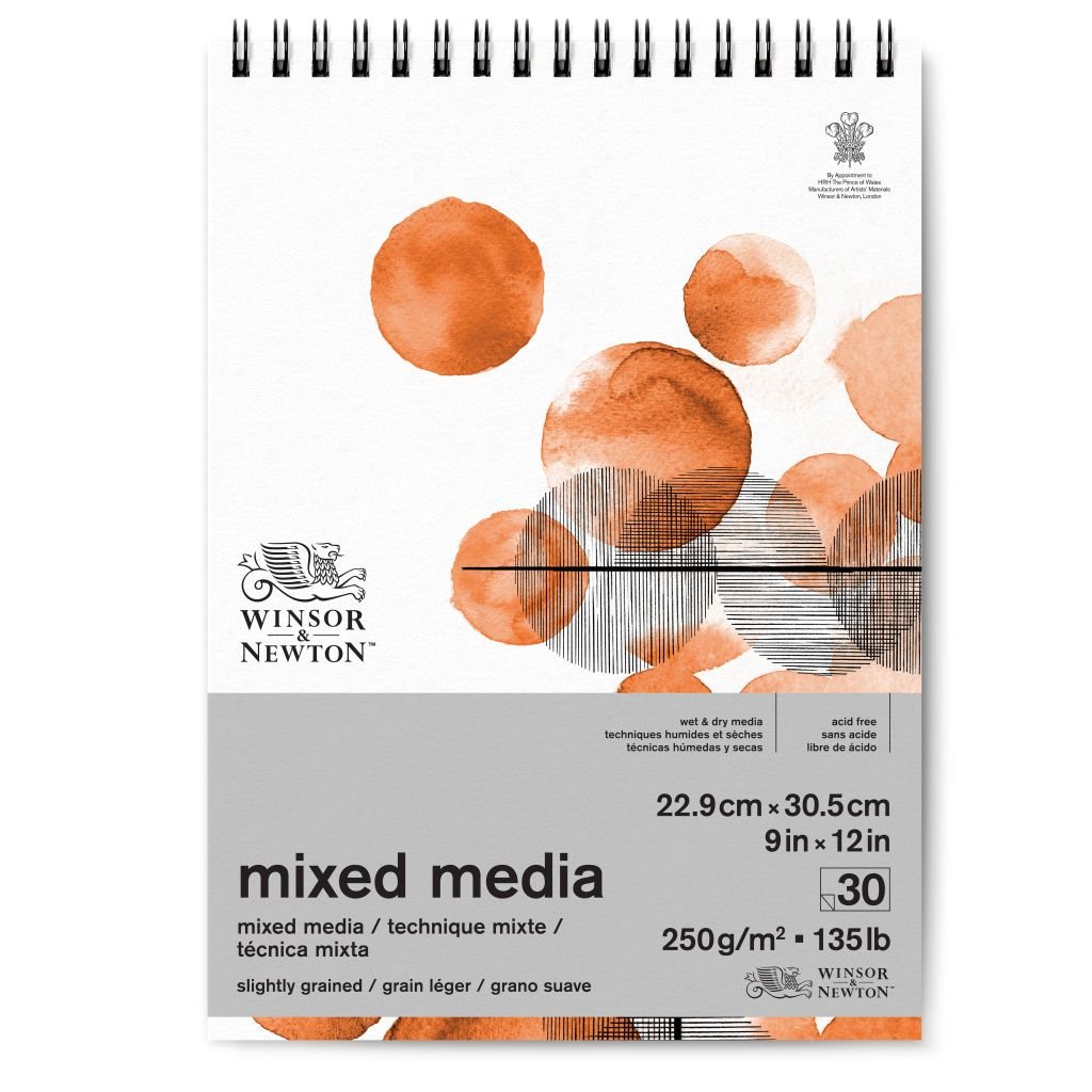 Winsor & Newton Mixed Media Paper - Fine Grain 250 GSM - 22.9 cm x 30.5 cm or 9 in x 12 in Natural White Short Side Spiral Album of 30 Sheets