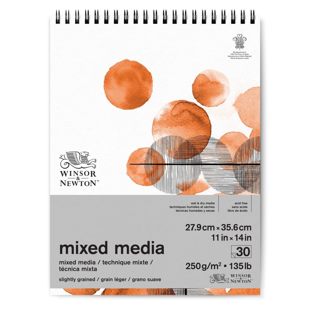 Winsor & Newton Mixed Media Paper - Fine Grain 250 GSM - 27.9 cm x 35.6 cm or 11 in x 14 in Natural White Short Side Spiral Album of 30 Sheets