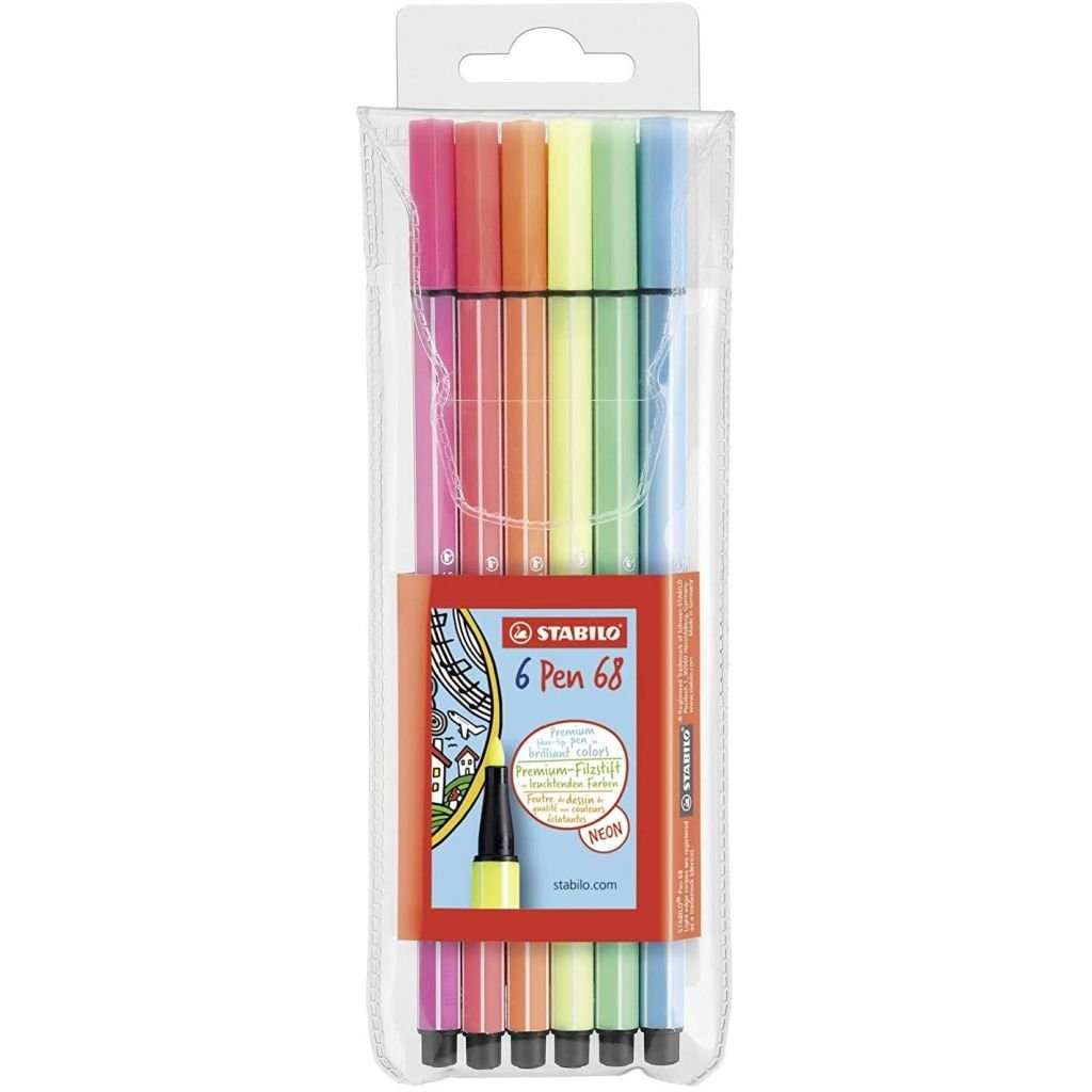 STABILO Pen 68 - Premium Colouring Felt-Tip Pen - Wallet of 6 Neon Colours