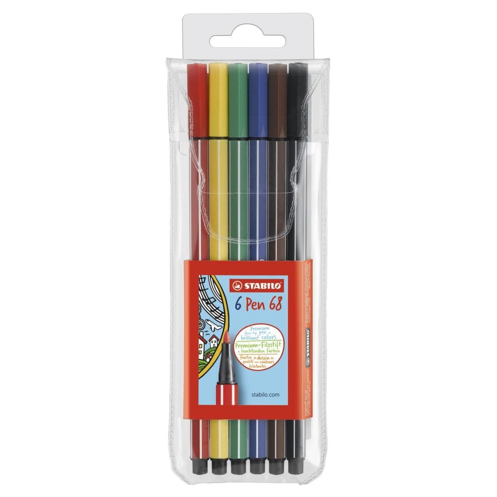 STABILO Pen 68 - Premium Colouring Felt-Tip Pen - Wallet of 6 Assorted Colours