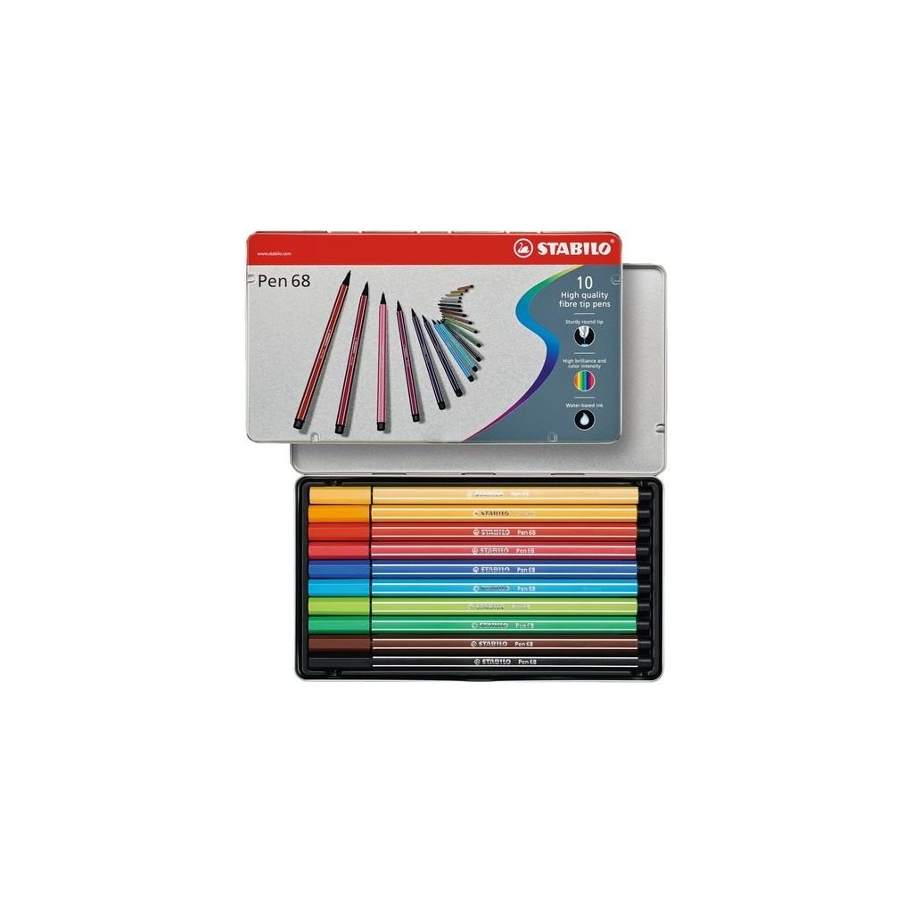 STABILO Pen 68 - Premium Colouring Felt-Tip Pen - Metal Box of 10 Assorted Colours