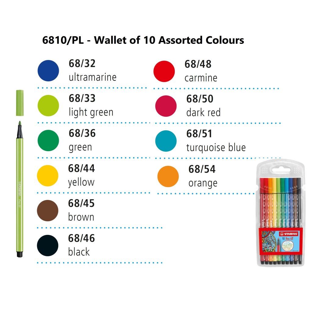 STABILO Pen 68 - Premium Colouring Felt-Tip Pen - Wallet of 10 Assorted Colours