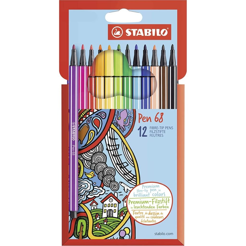 STABILO Pen 68 - Premium Colouring Felt-Tip Pen - Cardboard Wallet of 12 Assorted Colours