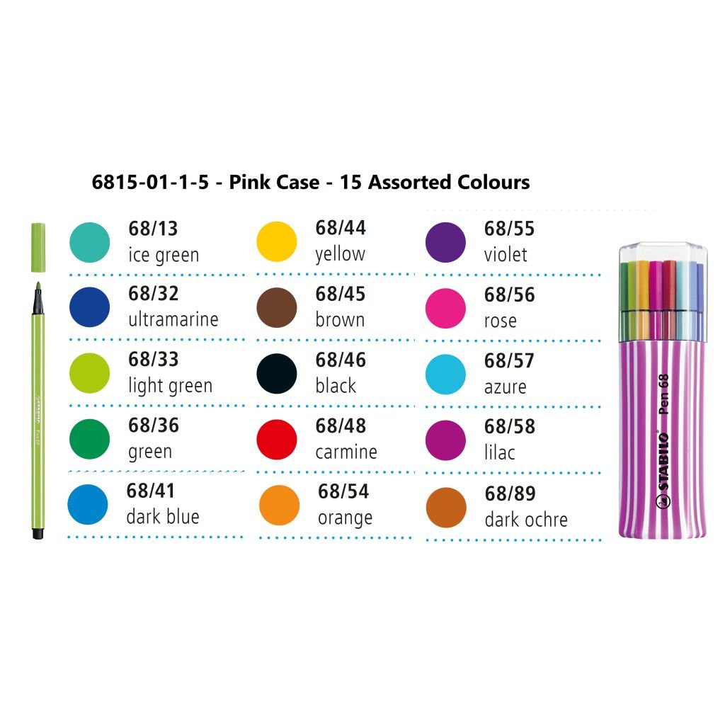 STABILO Pen 68 - Premium Colouring Felt-Tip Pen - Pink Case - 15 Assorted Colours