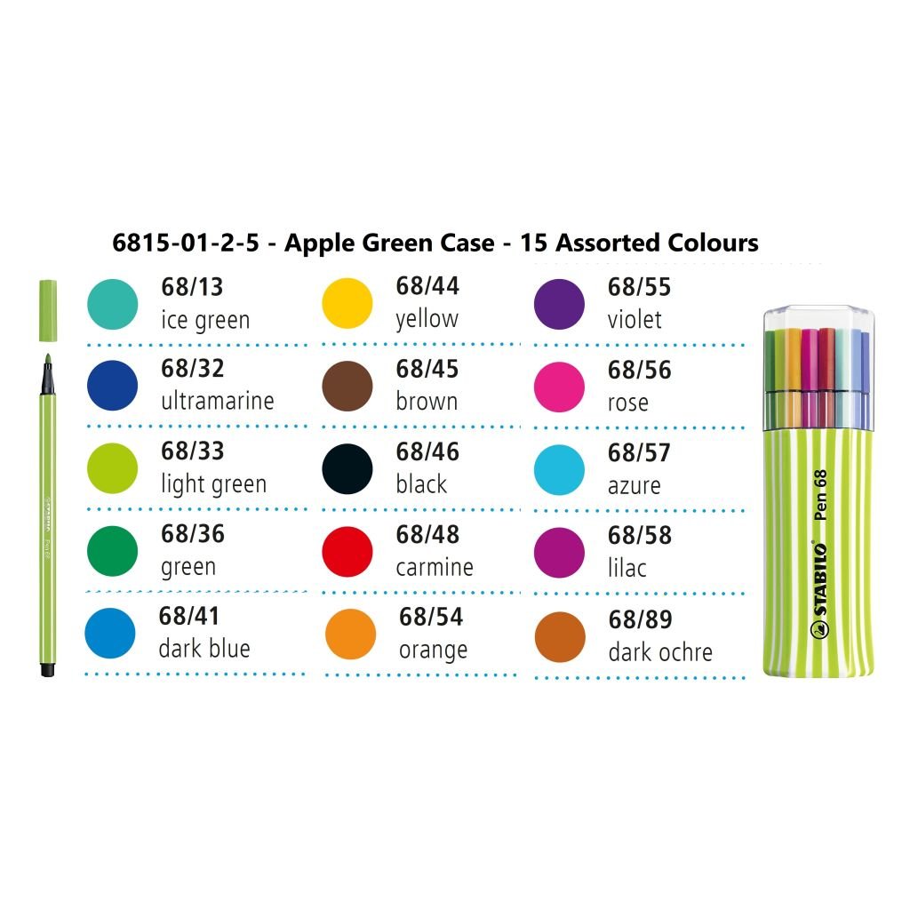 STABILO Pen 68 - Premium Colouring Felt-Tip Pen - Apple Green Case - 15 Assorted Colours