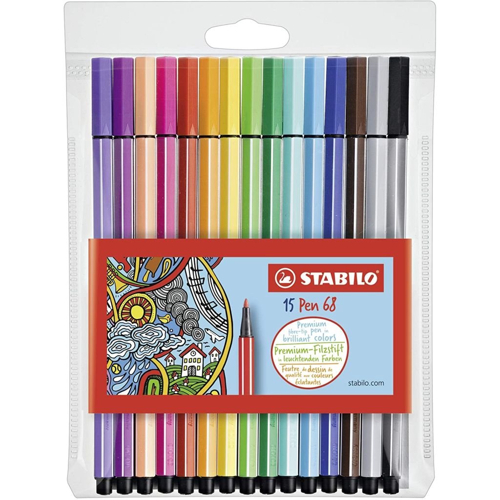 STABILO Pen 68 - Premium Colouring Felt-Tip Pen - Wallet of 15 Assorted Colours