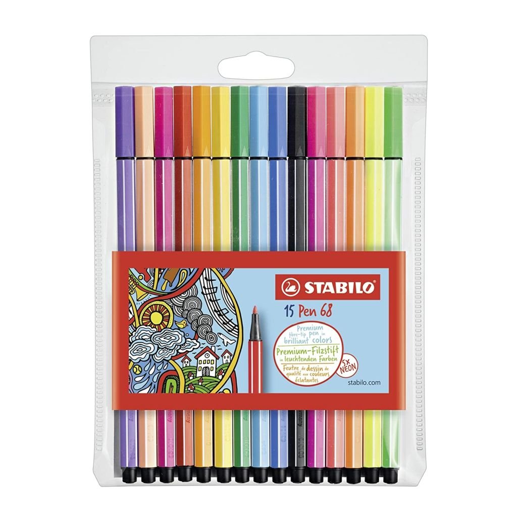 STABILO Pen 68 - Premium Colouring Felt-Tip Pen - Wallet of 15 ( 10 Assorted Colours + 5 Neon Colours )