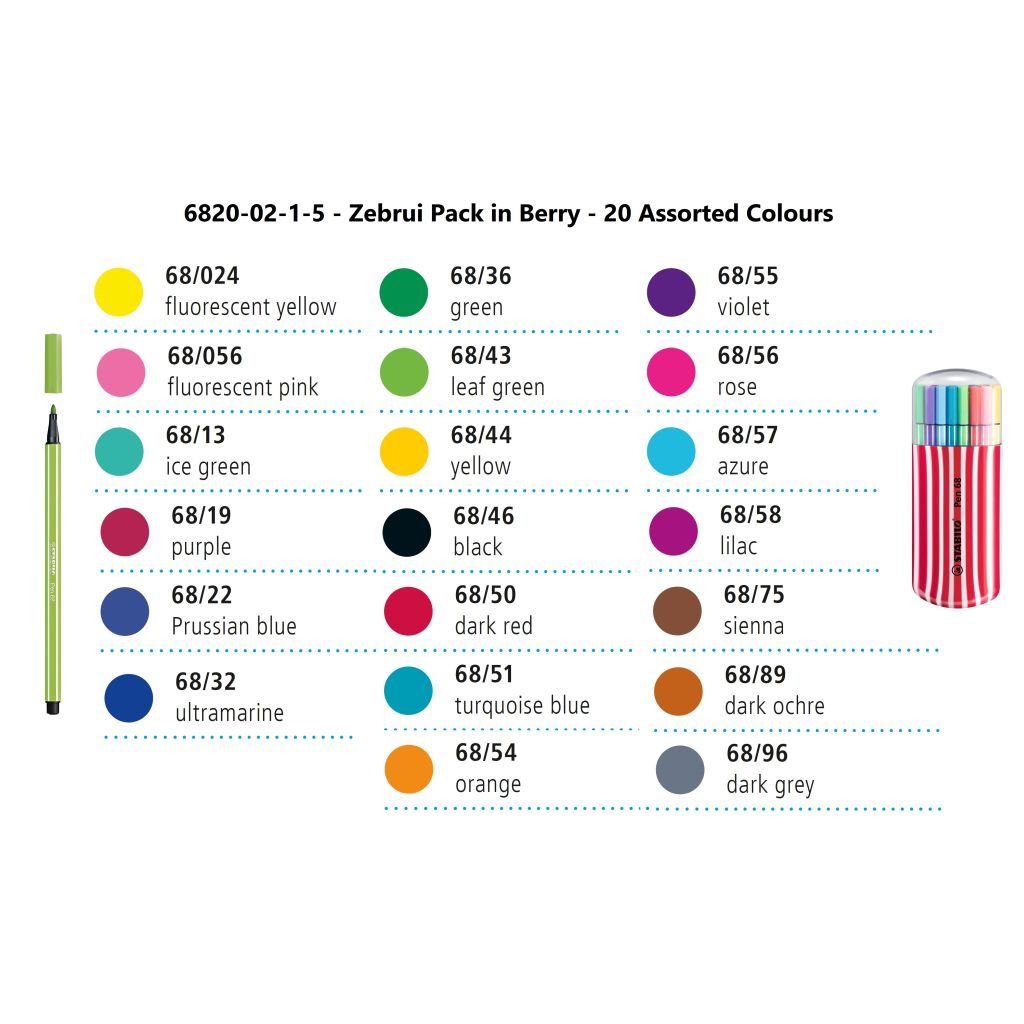 STABILO Pen 68 - Premium Colouring Felt-Tip Pen - Zebrui Pack in Berry - 20 Assorted Colours