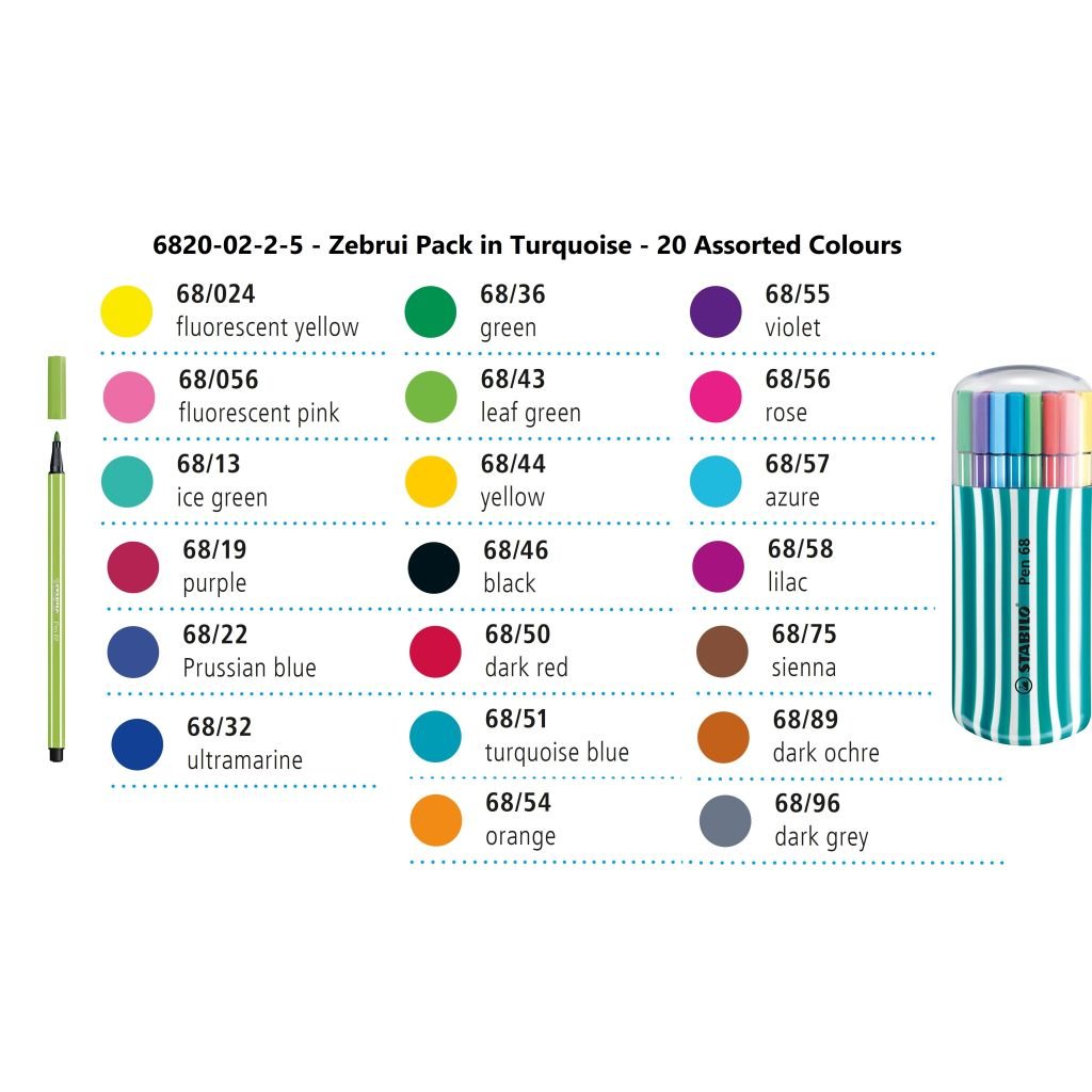 STABILO Pen 68 - Premium Colouring Felt-Tip Pen - Zebrui Pack in Turquoise - 20 Assorted Colours
