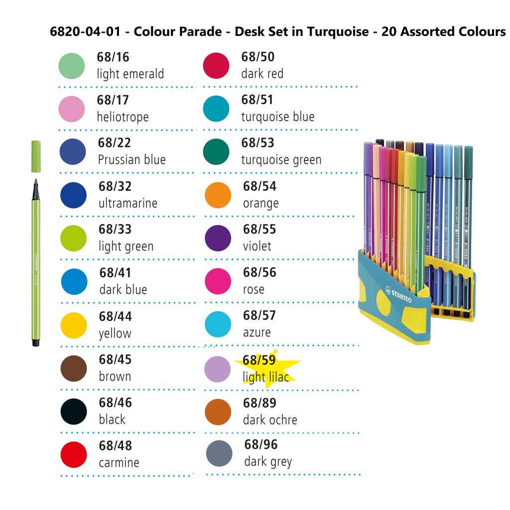 STABILO Pen 68 - Premium Colouring Felt-Tip Pen - Colour Parade - Desk Set in Turquoise - 20 Assorted Colours