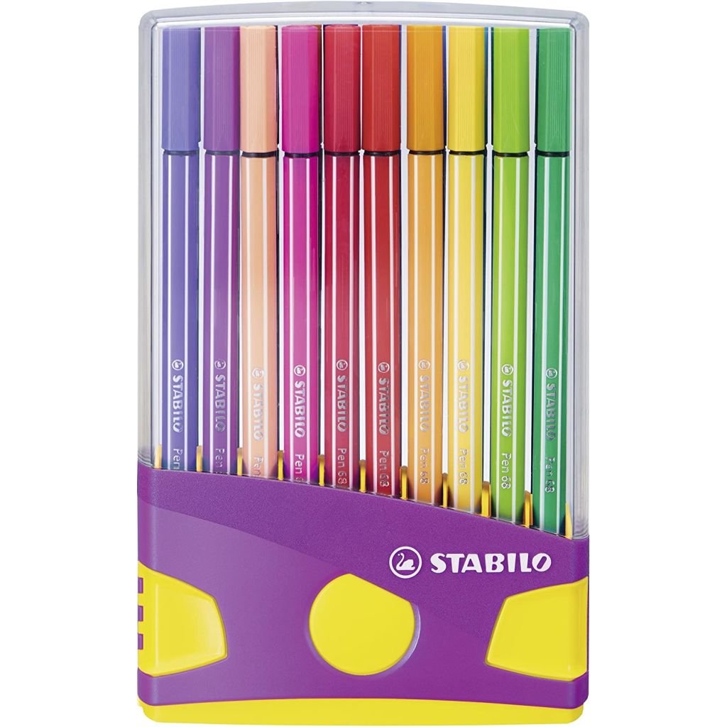 STABILO Pen 68 - Premium Colouring Felt-Tip Pen - Colour Parade - Desk Set in Lilac - 20 Assorted Colours