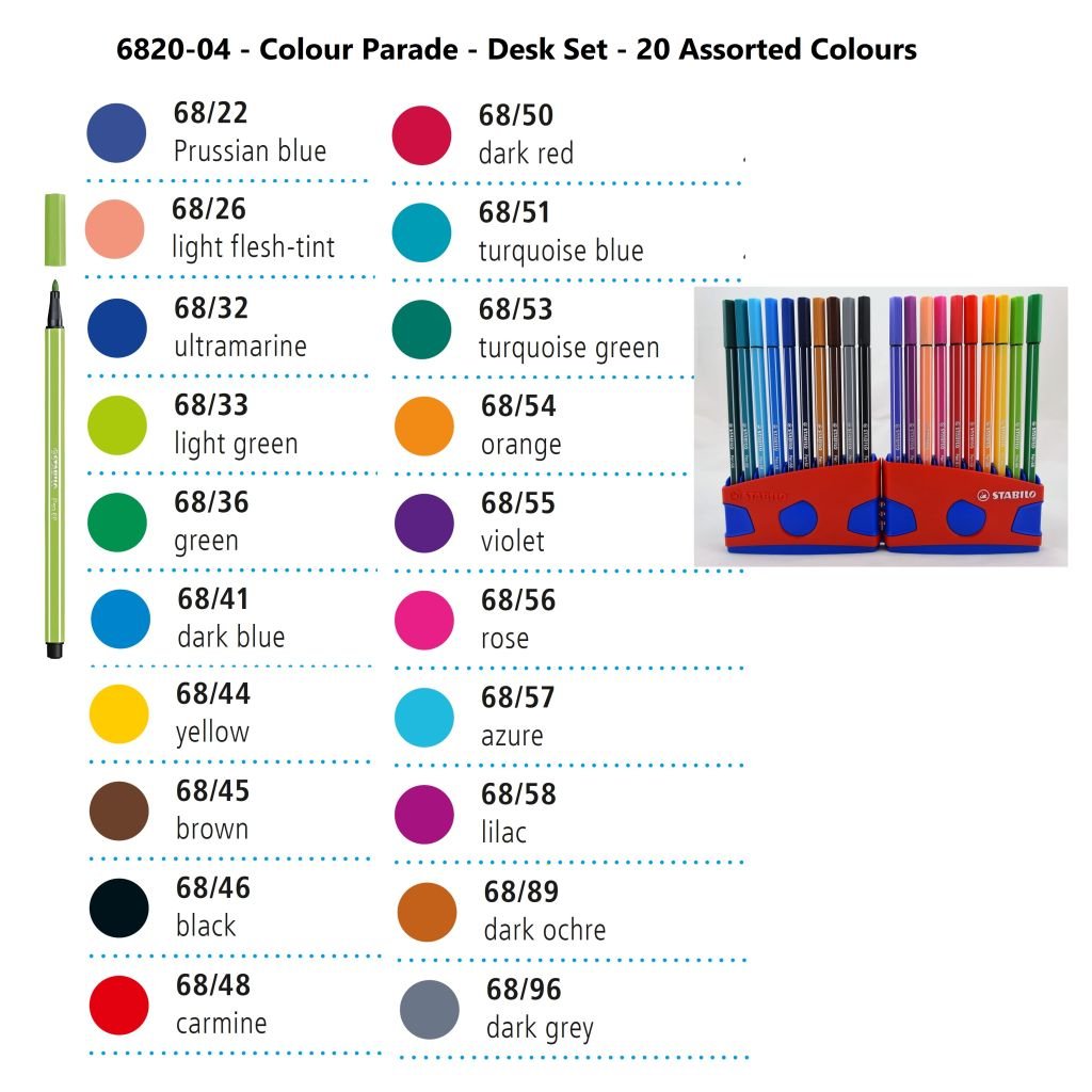 STABILO Pen 68 - Premium Colouring Felt-Tip Pen - Colour Parade - Desk Set - 20 Assorted Colours