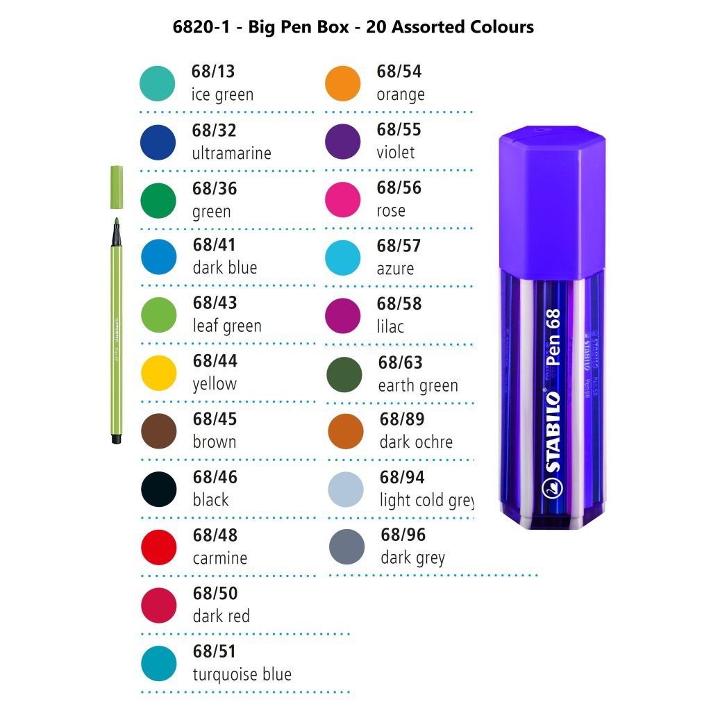 STABILO Pen 68 - Premium Colouring Felt-Tip Pen - Big Pen Box - 20 Assorted Colours