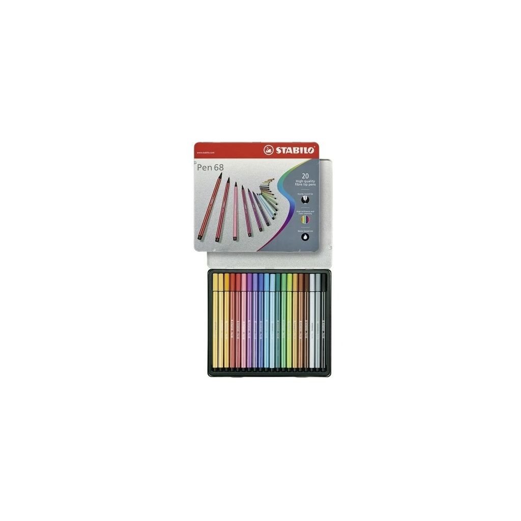 STABILO Pen 68 - Premium Colouring Felt-Tip Pen - Metal Box of 20 Assorted Colours