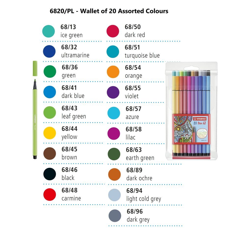 STABILO Pen 68 - Premium Colouring Felt-Tip Pen - Wallet of 20 Assorted Colours