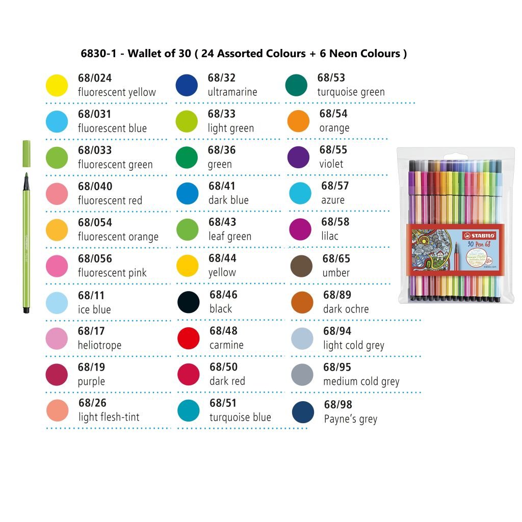 STABILO Pen 68 - Premium Colouring Felt-Tip Pen - Wallet of 30 ( 24 Assorted Colours + 6 Neon Colours )