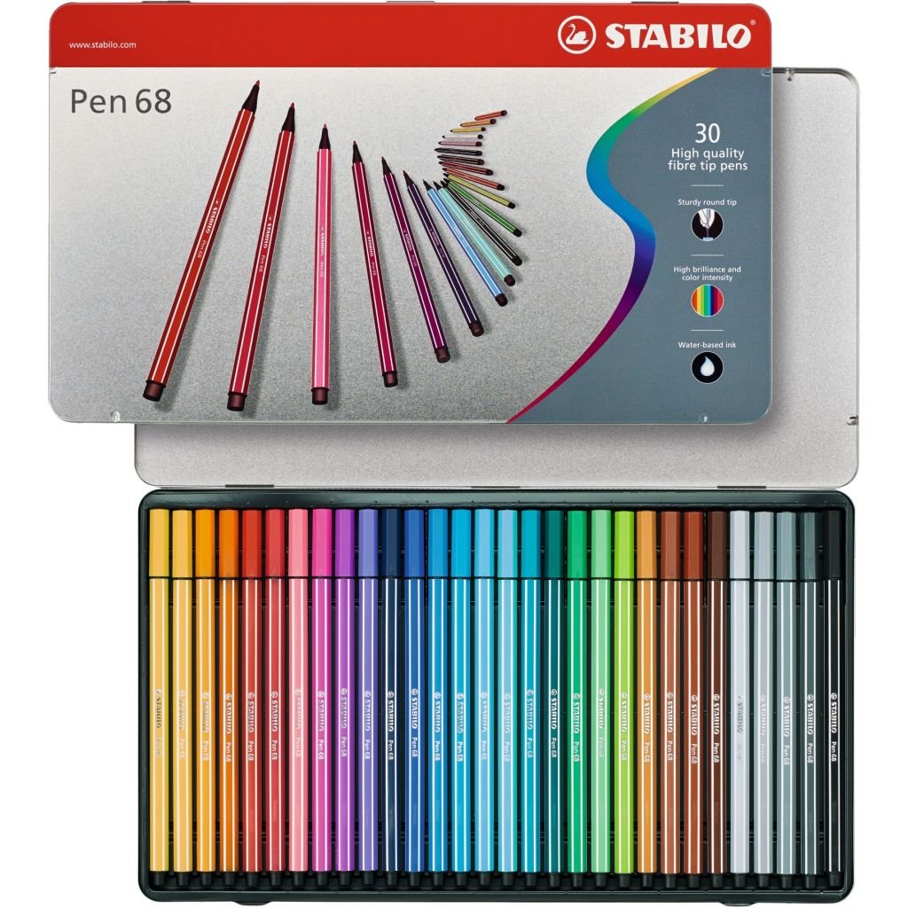 STABILO Pen 68 - Premium Colouring Felt-Tip Pen - Metal Box of 30 Assorted Colours