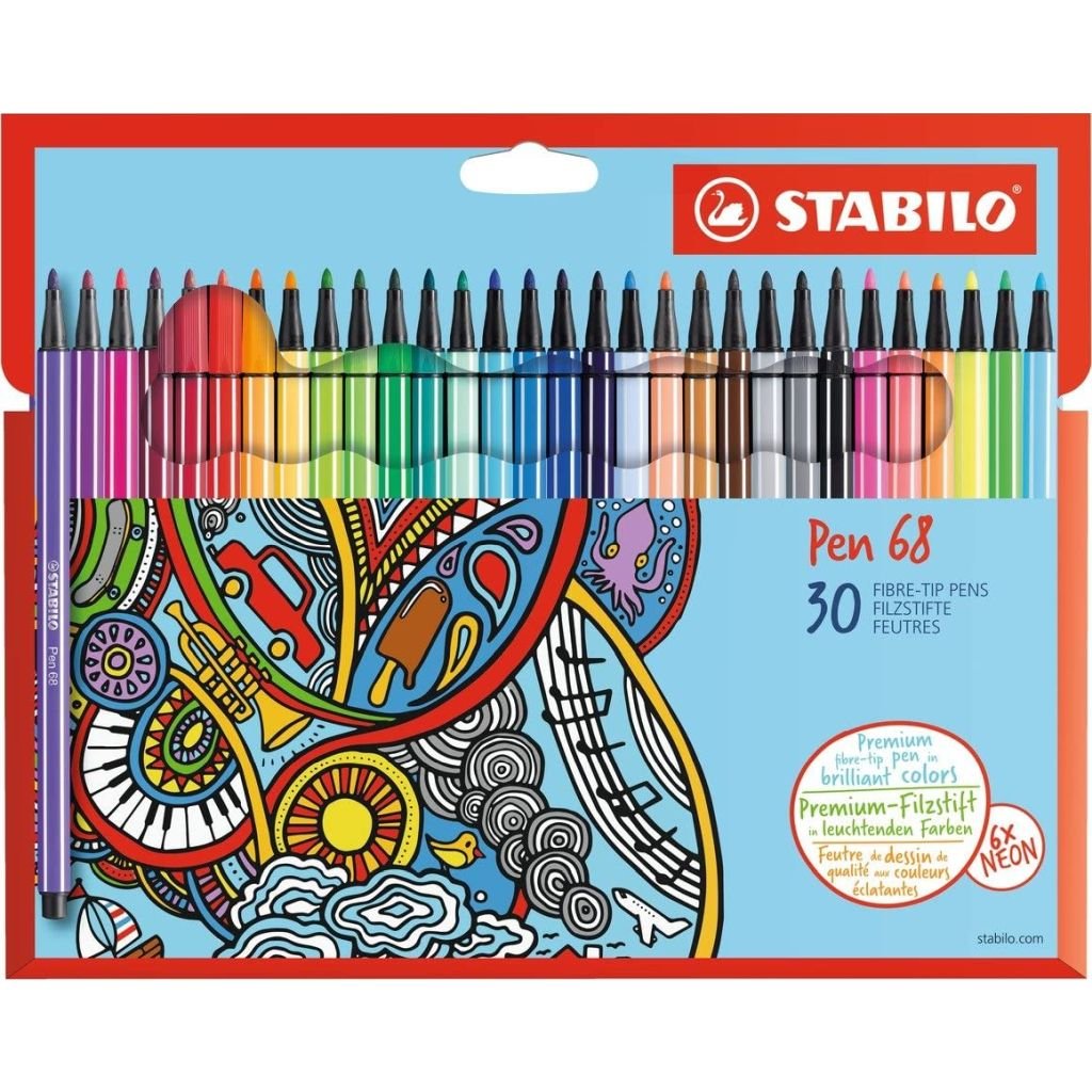 STABILO Pen 68 - Premium Colouring Felt-Tip Pen - Cardboard Wallet of 30 Assorted Colours
