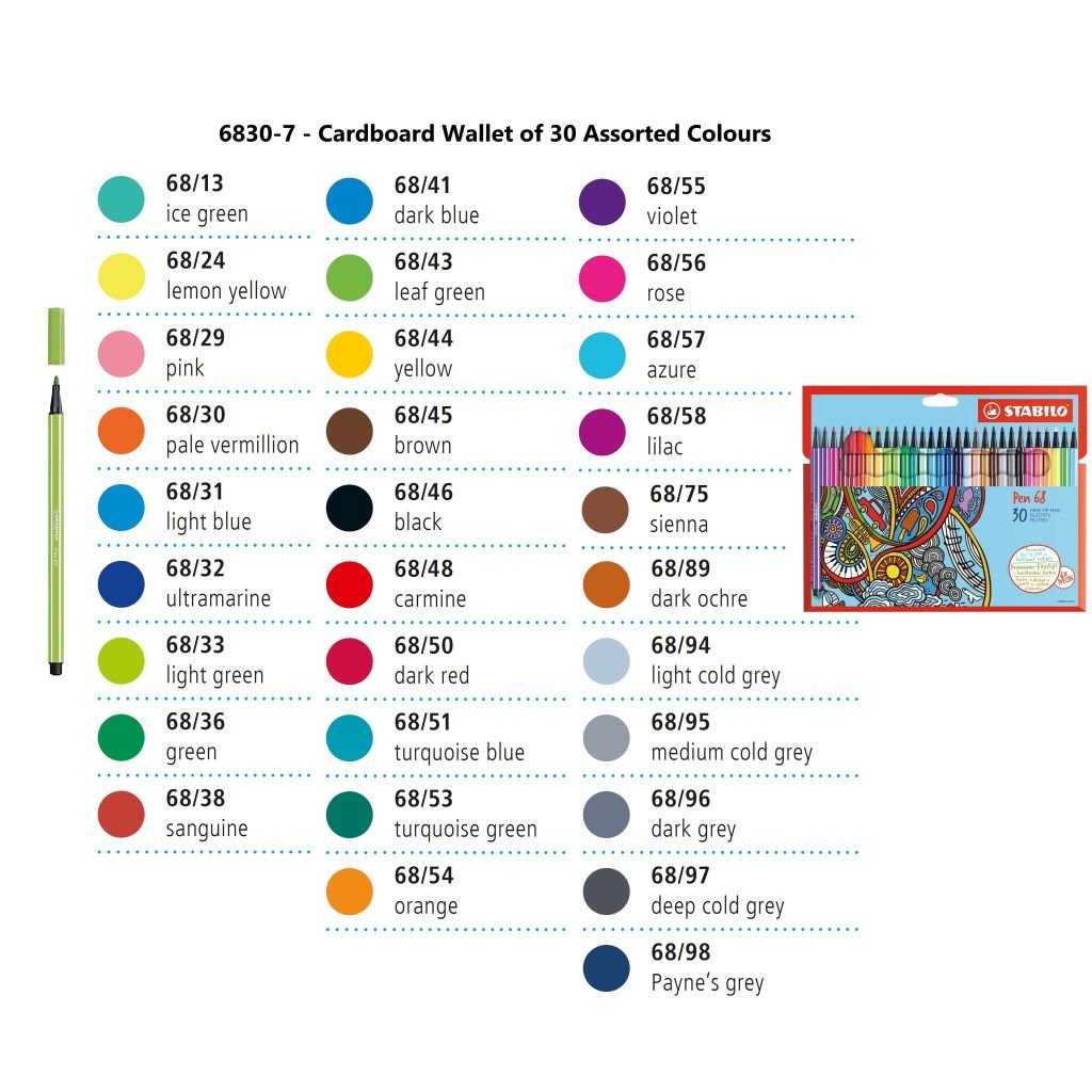 STABILO Pen 68 - Premium Colouring Felt-Tip Pen - Cardboard Wallet of 30 Assorted Colours
