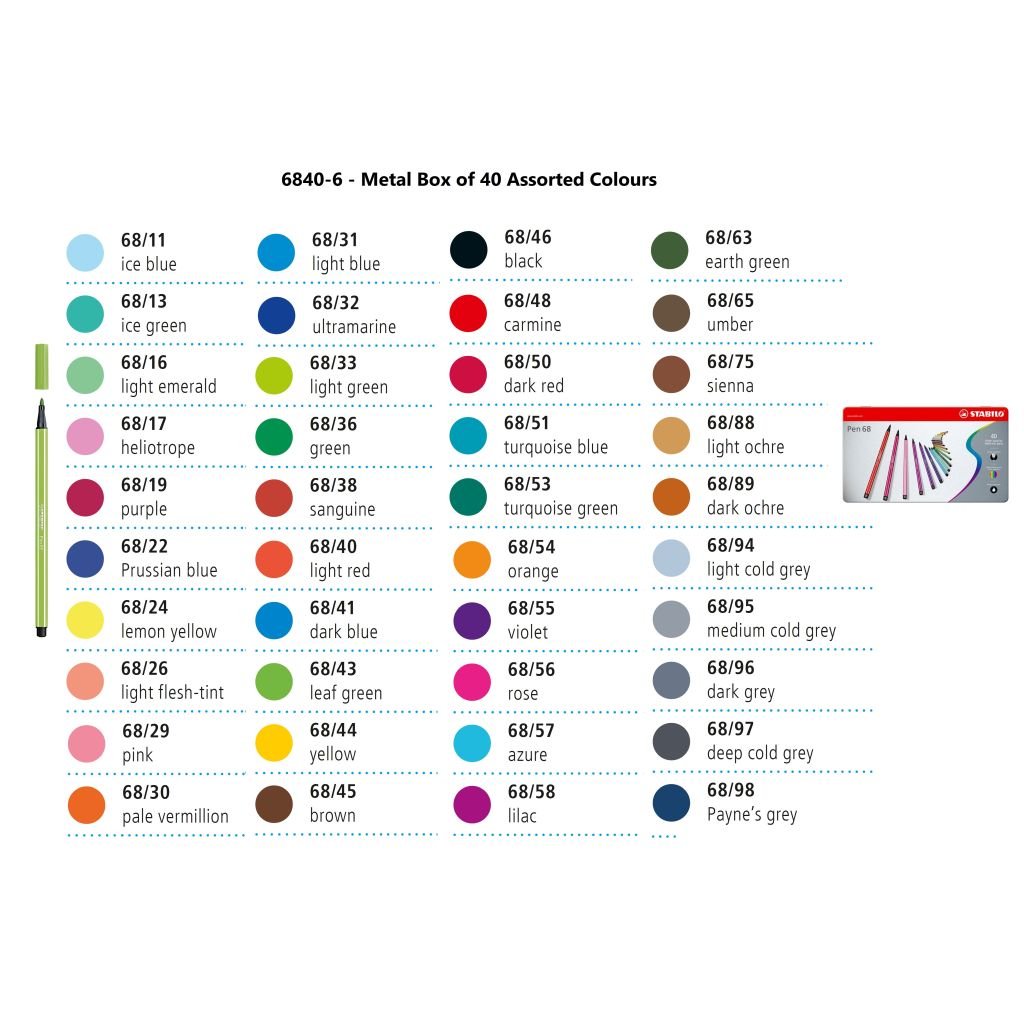 STABILO Pen 68 - Premium Colouring Felt-Tip Pen - Metal Box of 40 Assorted Colours