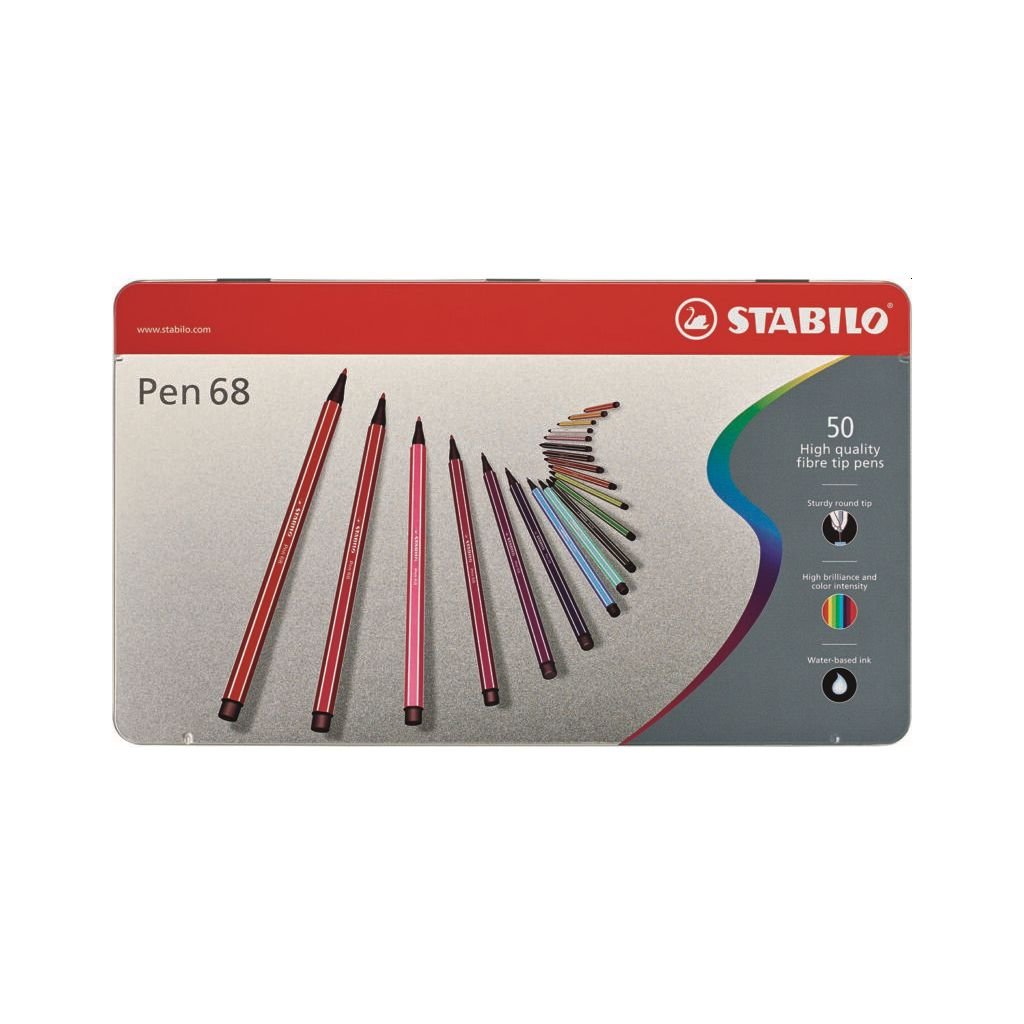 STABILO Pen 68 - Premium Colouring Felt-Tip Pen - Metal Box of 50 Assorted Colours
