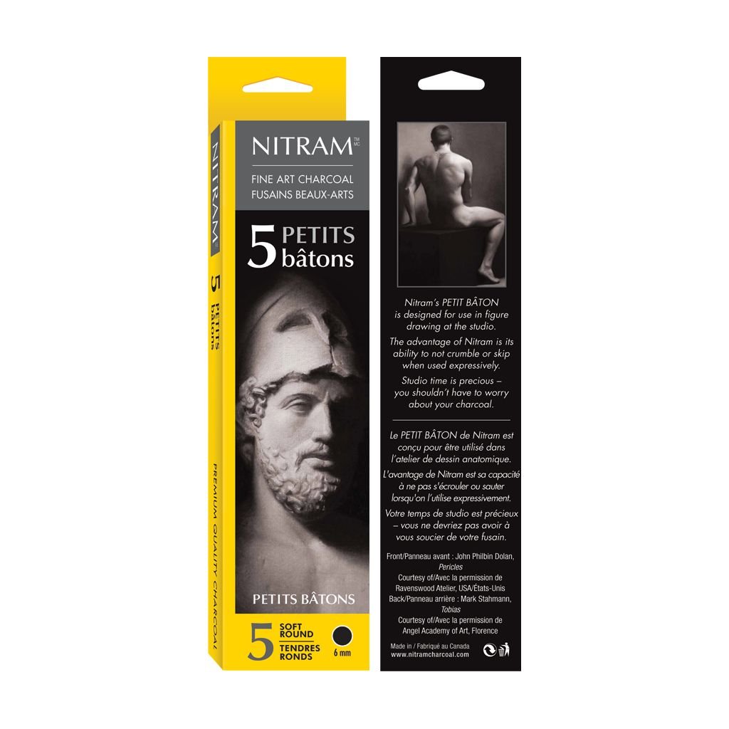 NITRAM Petits Batons - Extra Soft - B+ - Box of 5 Extra Soft Natural Charcoal Sticks - Round - 6 mm Diameter x 15 cm