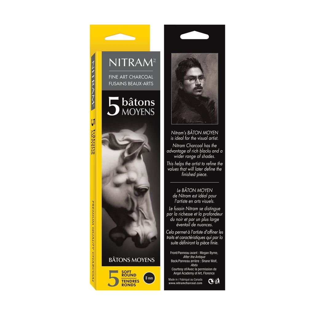 NITRAM Batons Moyens - Extra Soft - B+ - Box of 5 Extra Soft Natural Charcoal Sticks - Round - 8 mm Diameter x 15 cm