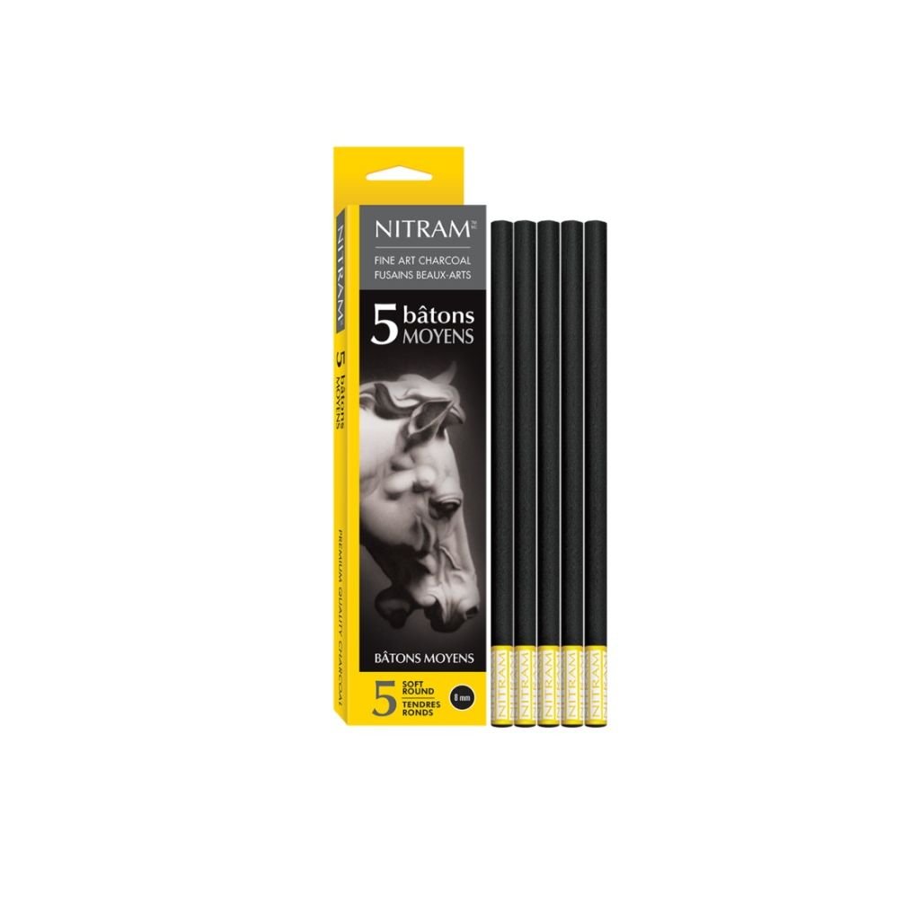 NITRAM Batons Moyens - Extra Soft - B+ - Box of 5 Extra Soft Natural Charcoal Sticks - Round - 8 mm Diameter x 15 cm