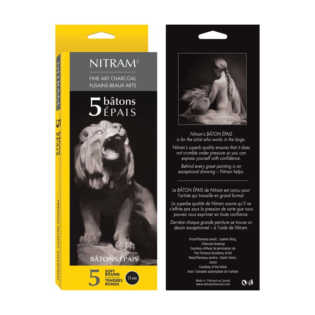 NITRAM Batons Epais - Extra Soft - B+ - Box of 5 Extra Soft Natural Charcoal Sticks - Round - 12 mm Diameter x 15 cm