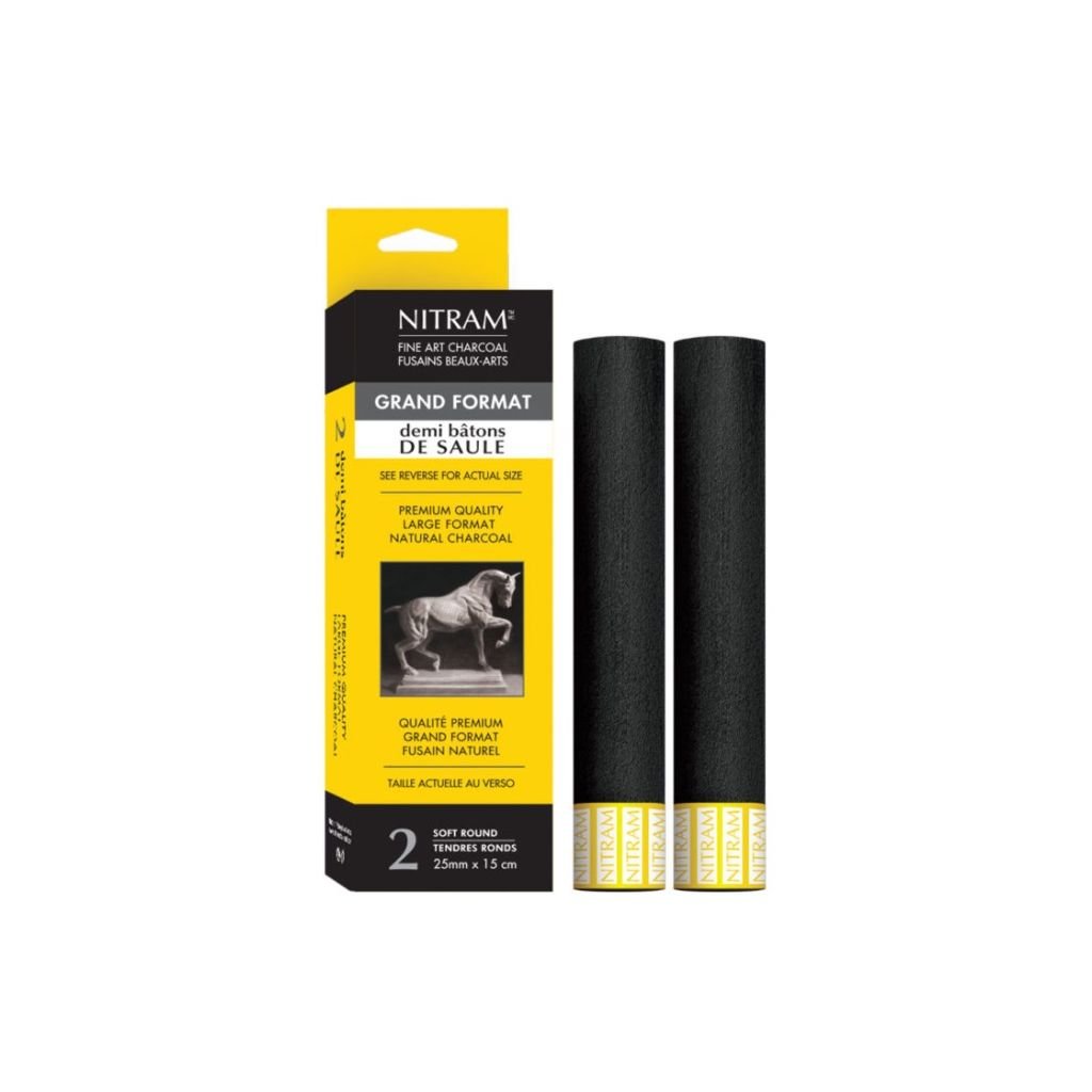 NITRAM Maxi Baton De Saule - Extra Soft - B+ - 2 Extra Soft Natural Charcoal Stick - Round - 25 mm Diameter x 15 cm