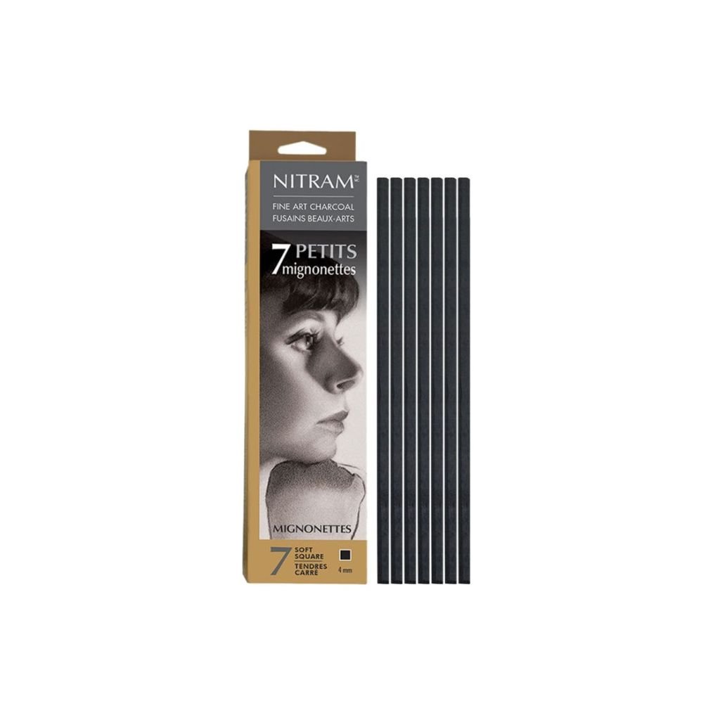 NITRAM Mignonettes - Baton Refills - Box of 7 Soft Natural Charcoal Sticks - Square - 4 mm x 4 mm x 15 cm