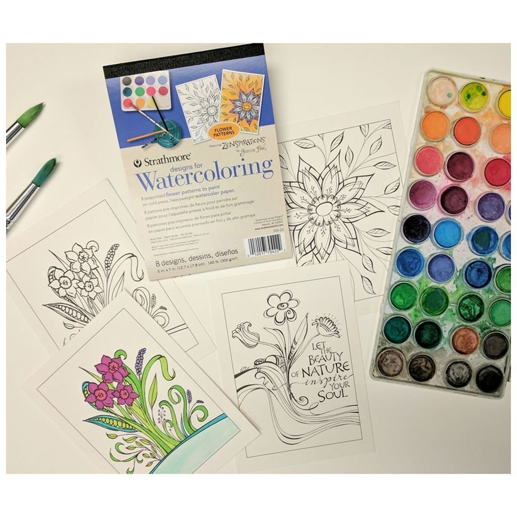 Strathmore Designs For Watercoloring - Flower 5'' x 7'' Natural White Fine Grain 300 GSM Short Side Glue Pad of 8 Sheets