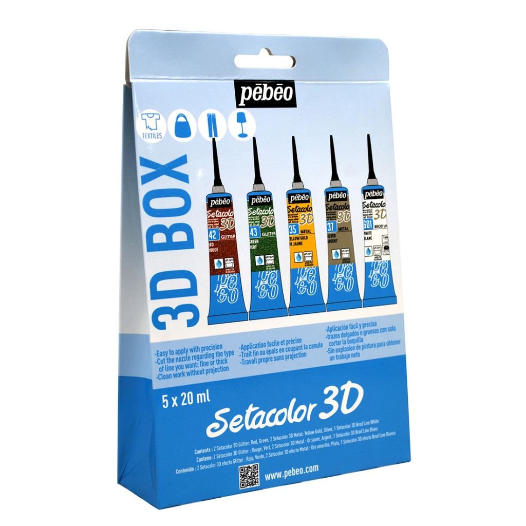 Pebeo Setacolor 3D Fabric Paint - 20 ML Tube Set - Glitter Red & Green, Metal Yellow Gold & Silver and Brod' Line White
