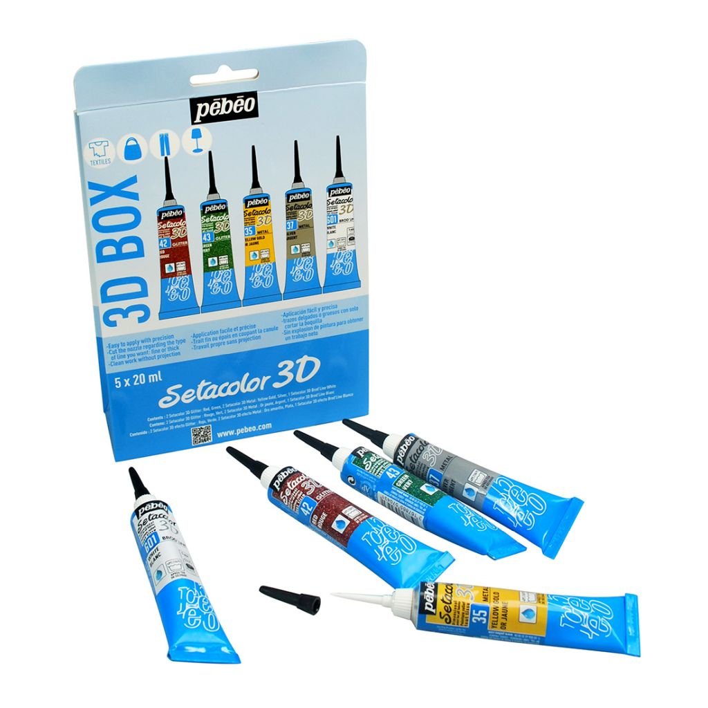 Pebeo Setacolor 3D Fabric Paint - 20 ML Tube Set - Glitter Red & Green, Metal Yellow Gold & Silver and Brod' Line White
