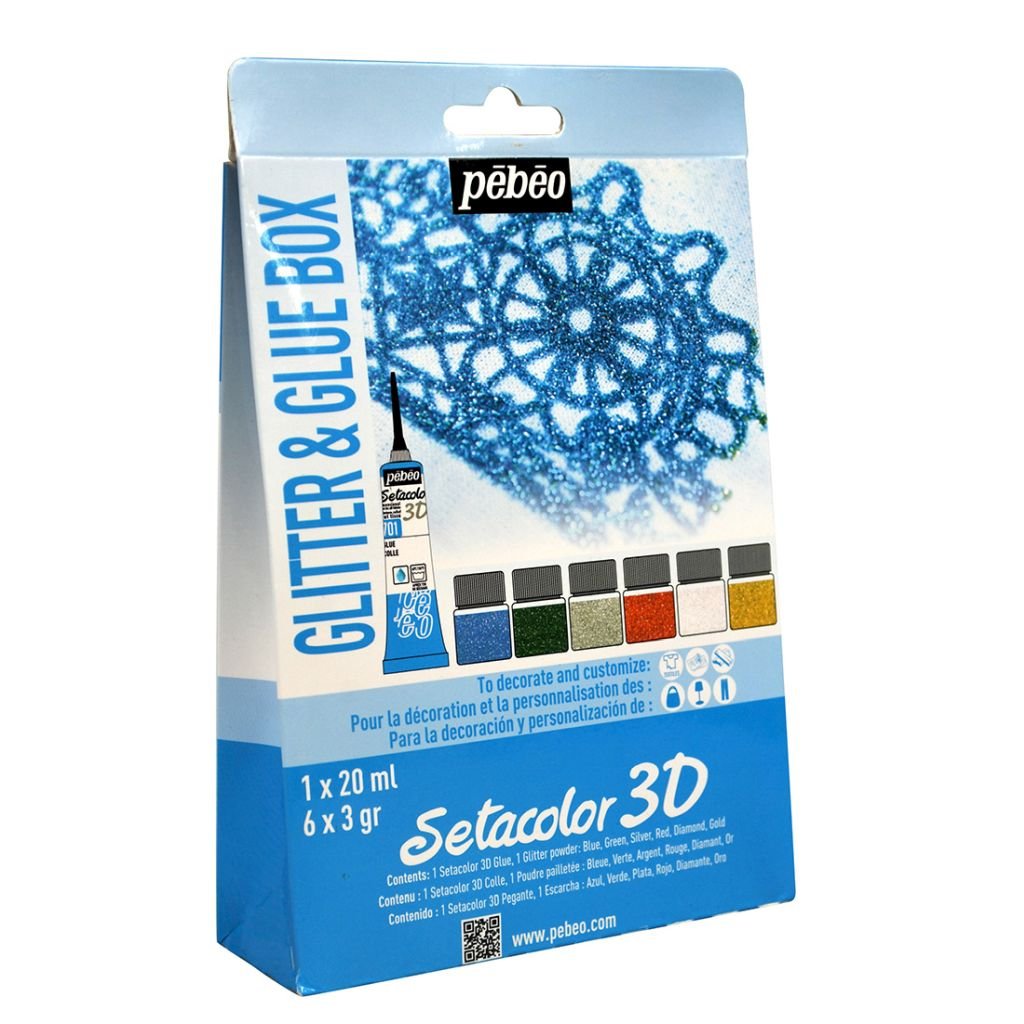Pebeo Setacolor 3D - Set of 1 Glue (20 ml Tube) and 6 Glitter Powders