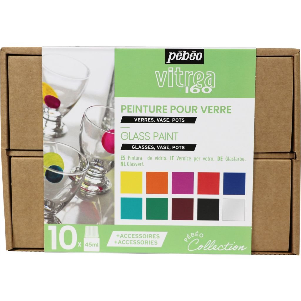 Pebeo Vitrea 160 Glossy Glass Paint - 10 x 45 ML - Collection Case - Set 1