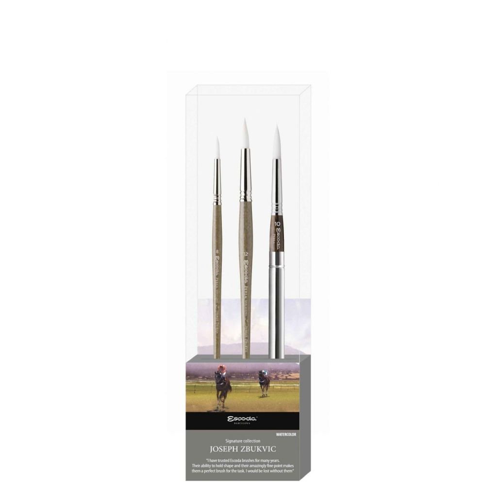 Escoda Signature Collection Brush Set - Joseph Zbukvic - Set 1 - Perla Round Pointed Sizes 8 & 12 and Travel brush, Round Pointed Size 10