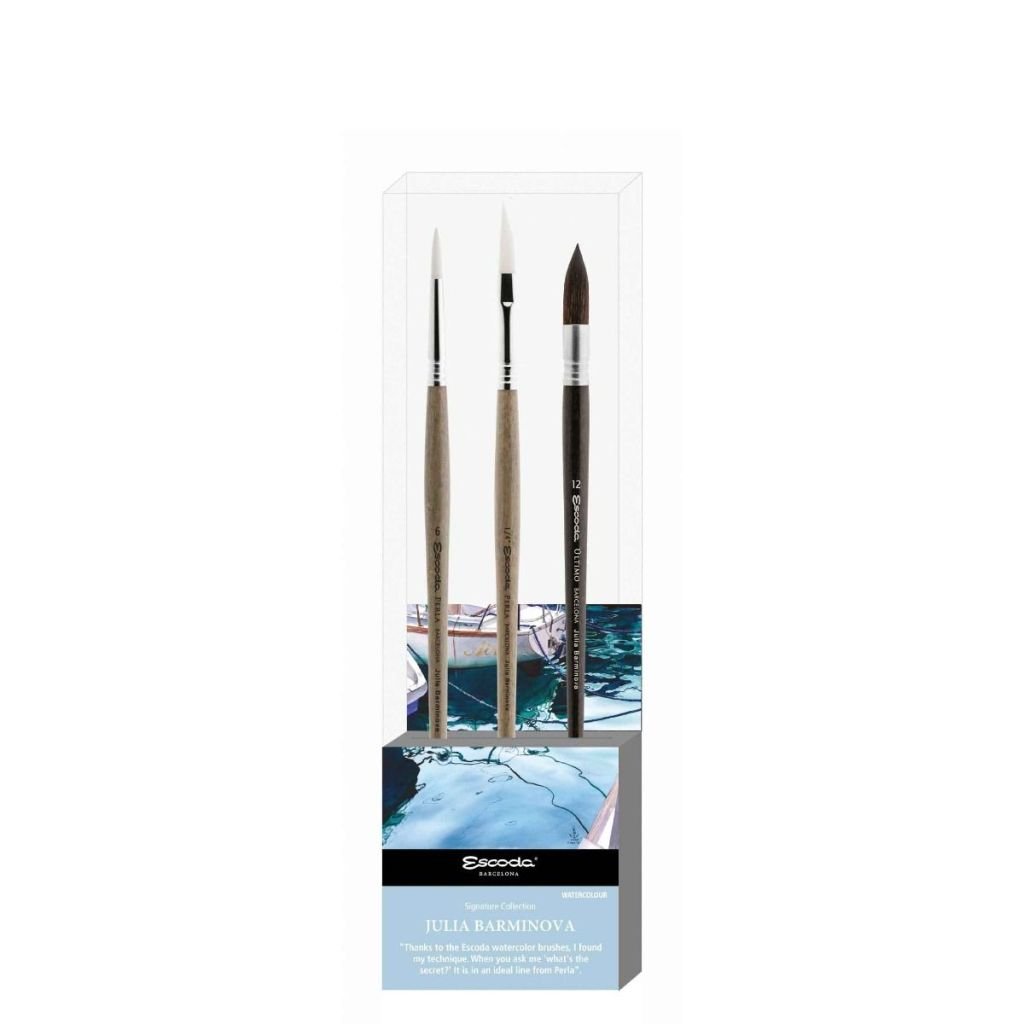 Escoda Signature Collection Brush Set – Julia Barminova - Set 1 - Ultimo – Mop Size 12, Perla Round Pointed Size 6 and Dagger Stripper Size ¼”