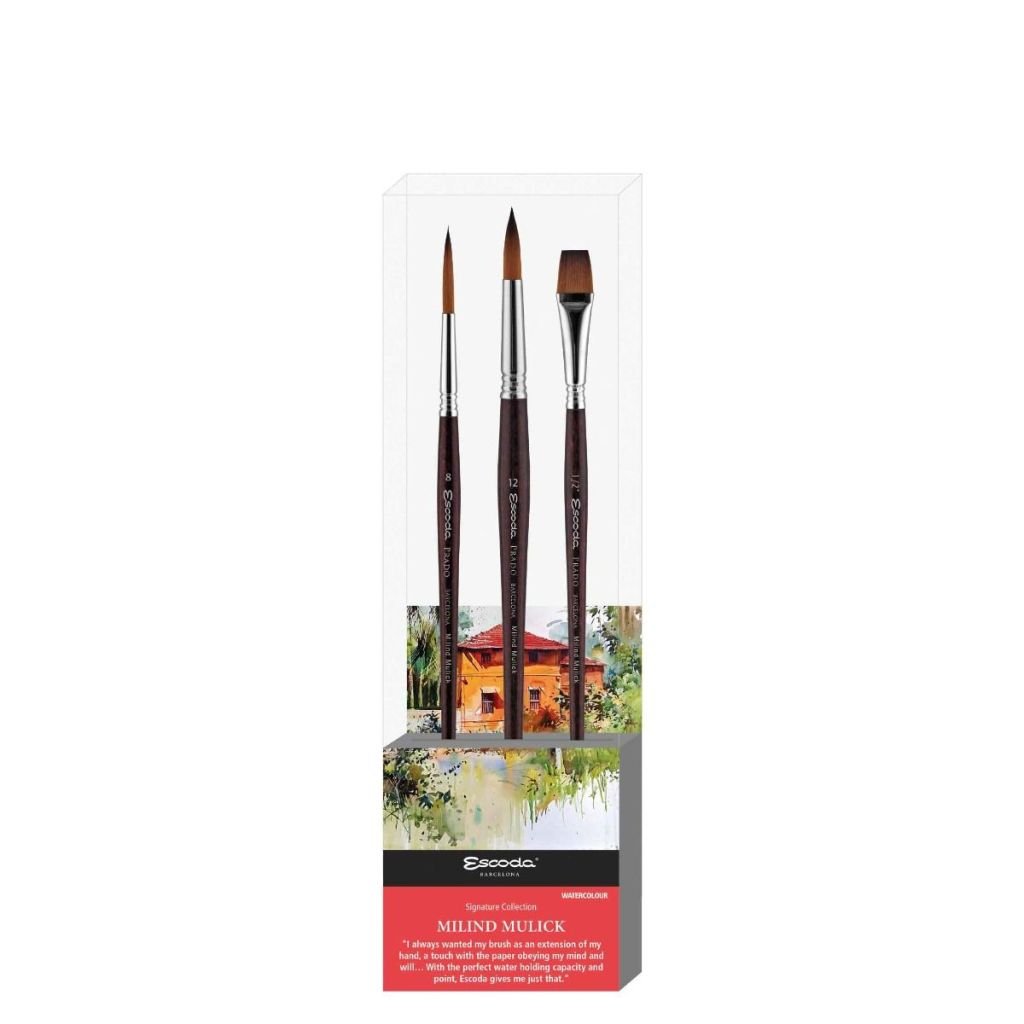 Escoda Signature Collection Brush Set – Milind Mulick - Set 1 - Prado – Flat Size 1/2 “– Round Pointed Size 12 – Round Rigger Size 8