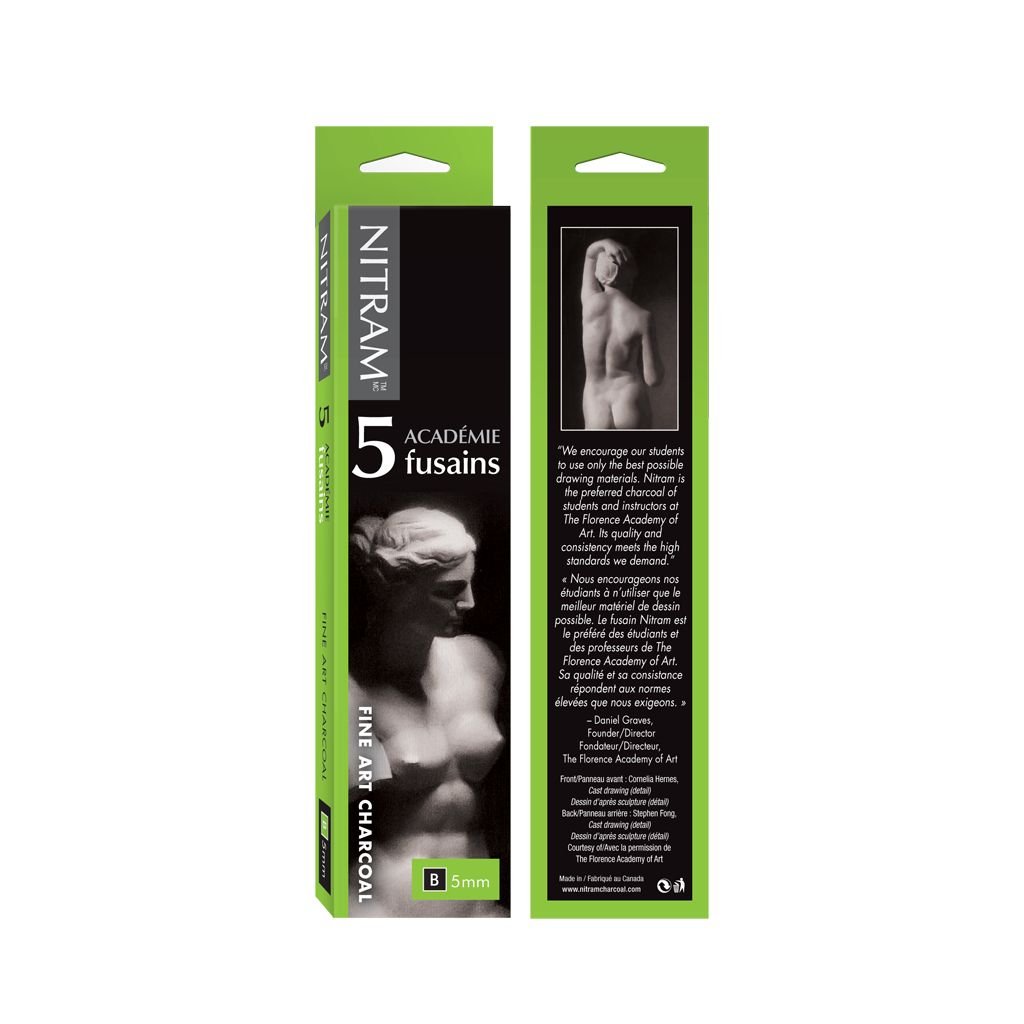 NITRAM Academie Fusains - Soft - B - Box of 5 Soft Natural Charcoal Sticks - Square - 5 mm x 5 mm x 15 cm