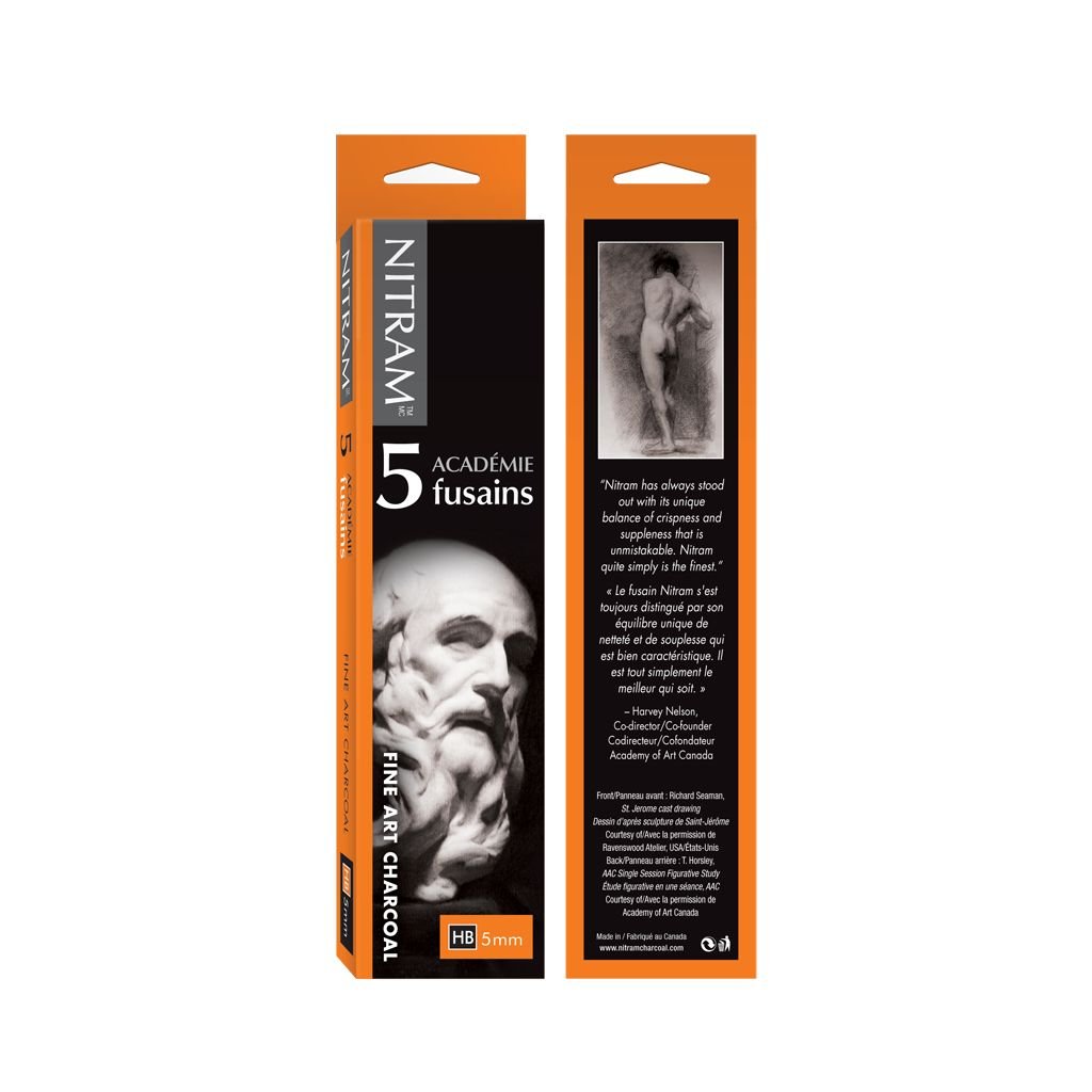 NITRAM Academie Fusains - Medium - HB - Box of 5 Medium Natural Charcoal Sticks - Square - 5 mm x 5 mm x 15 cm