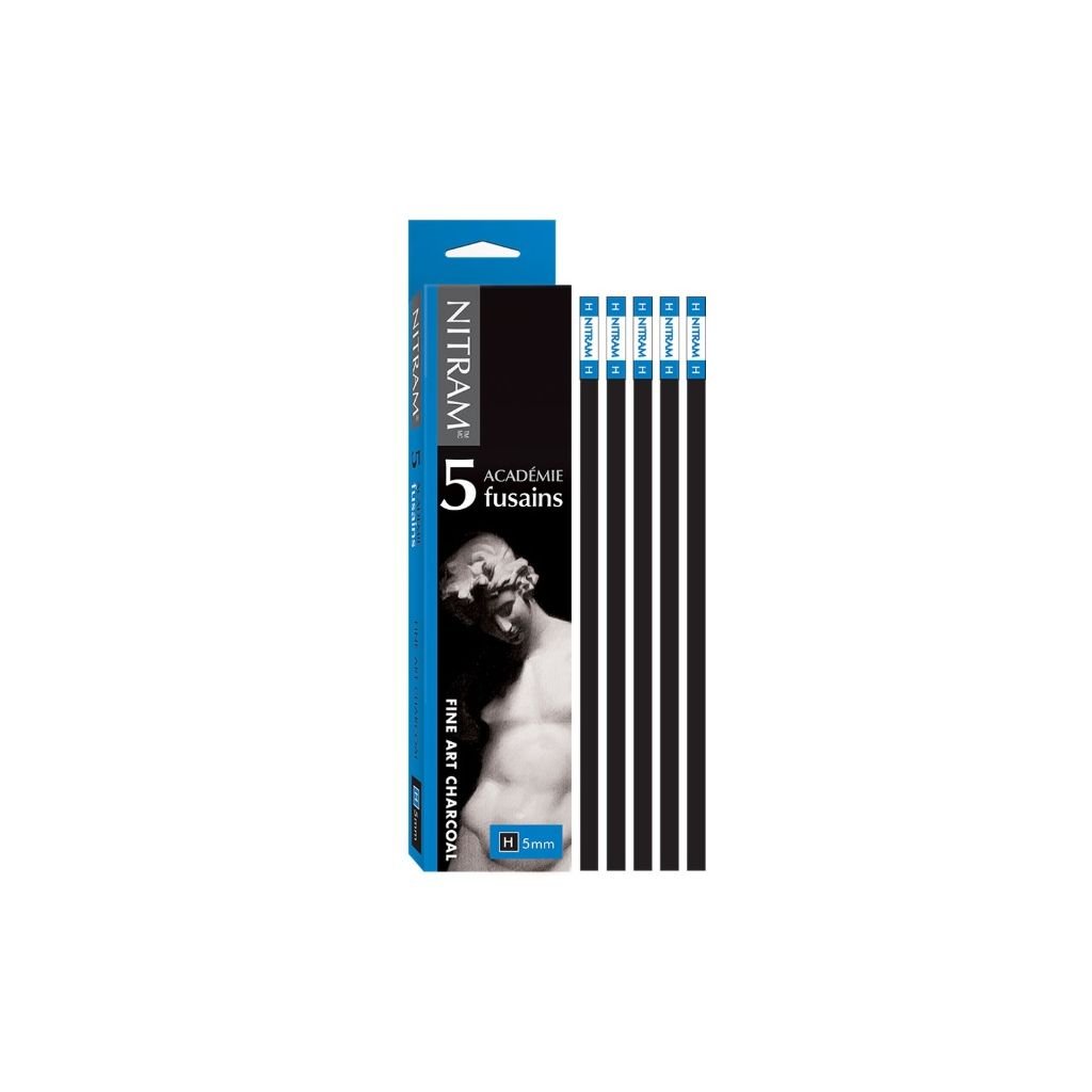 NITRAM Academie Fusains - Hard - H - Box of 5 Hard Natural Charcoal Sticks - Square - 5 mm x 5 mm x 15 cm