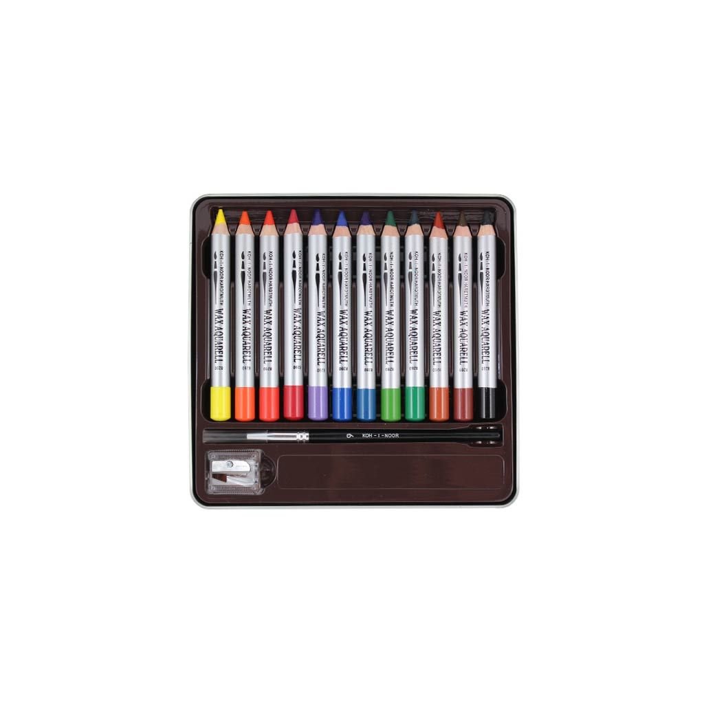Koh-I-Noor Wax Aquarell Extra Fine Wax Pastel Pencils - Set of 12 Assorted Colours in Tin Box