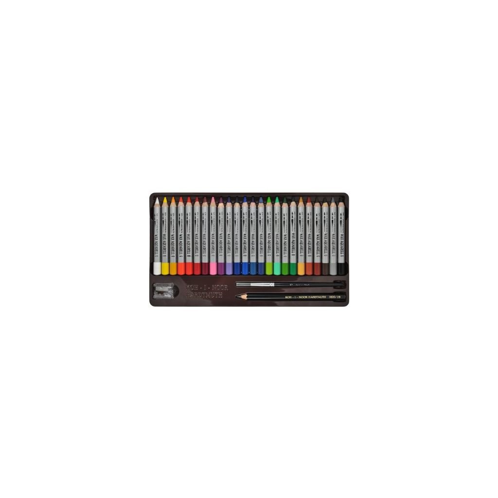 Koh-I-Noor Wax Aquarell Extra Fine Wax Pastel Pencils - Set of 24 Assorted Colours in Tin Box