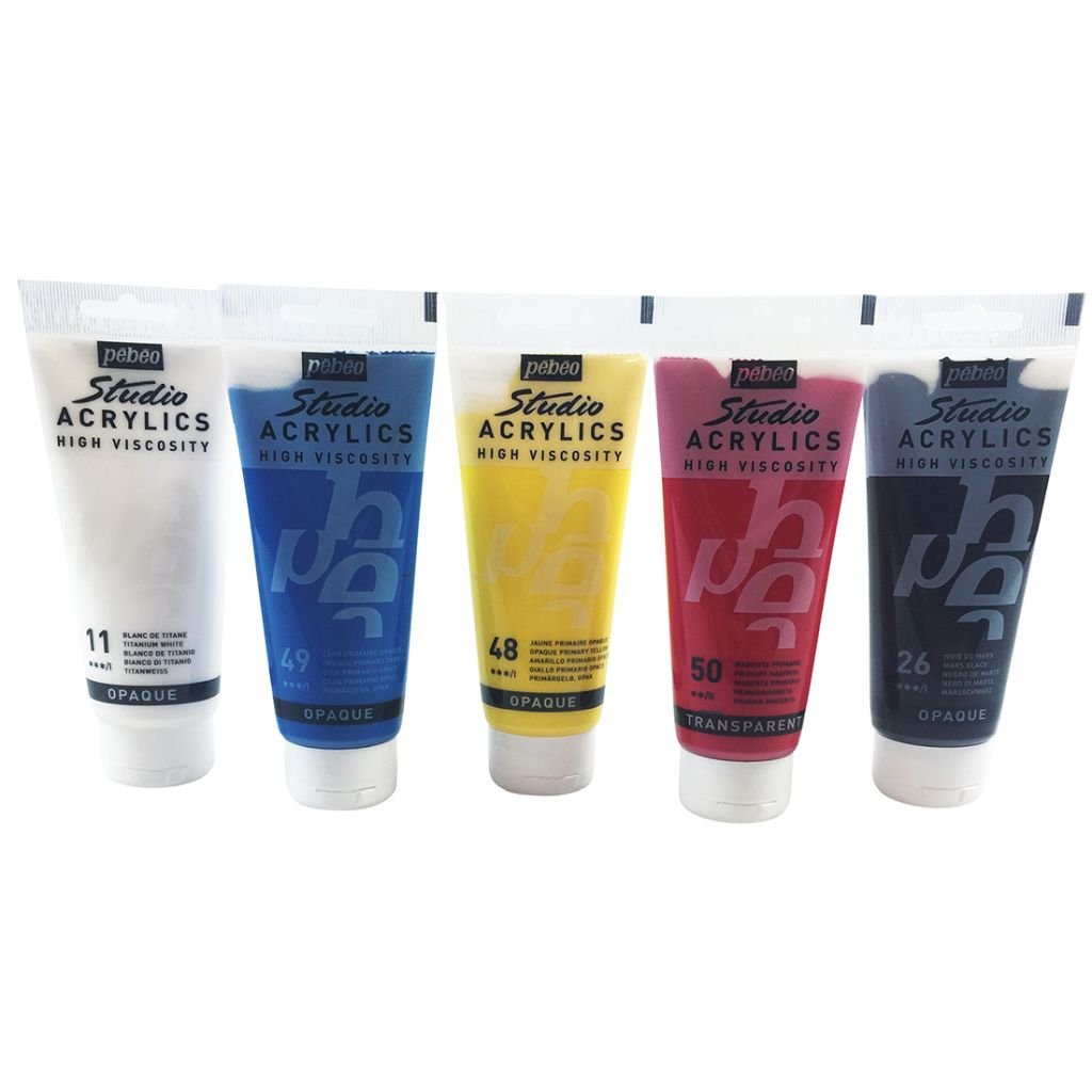 Pebeo Studio Acrylics High Viscosity Paint - 100 ml tubes - Assorted Set of 5 primary colours
