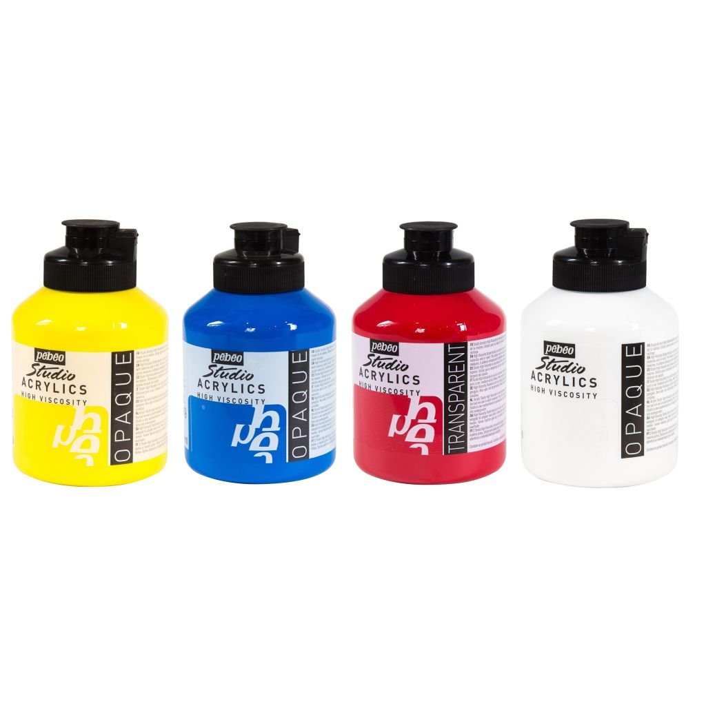 Pebeo Studio Acrylics High Viscosity Paint - 500 ml jars - Assorted Set of 4 primary colours