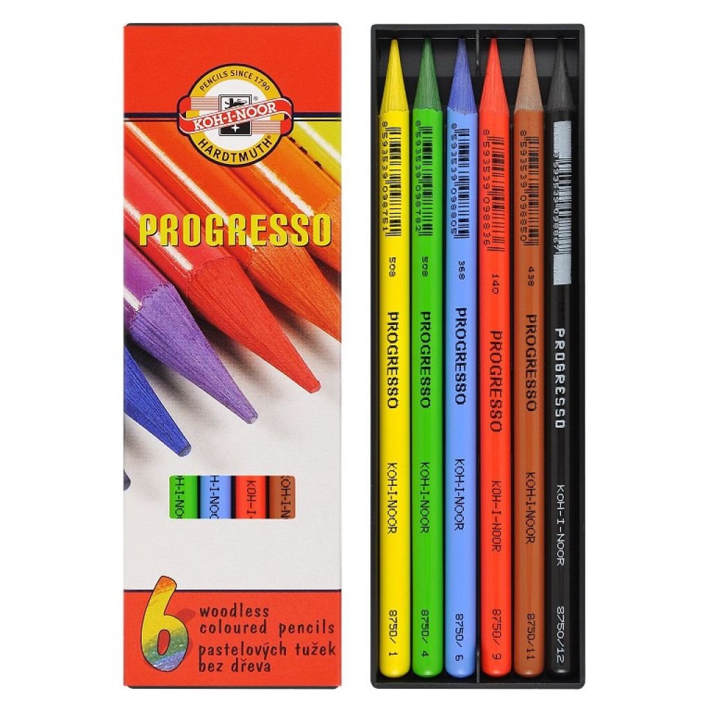 Koh-I-Noor Progresso Woodless Artist's Coloured Pencils - Set of 6 Assorted Colours