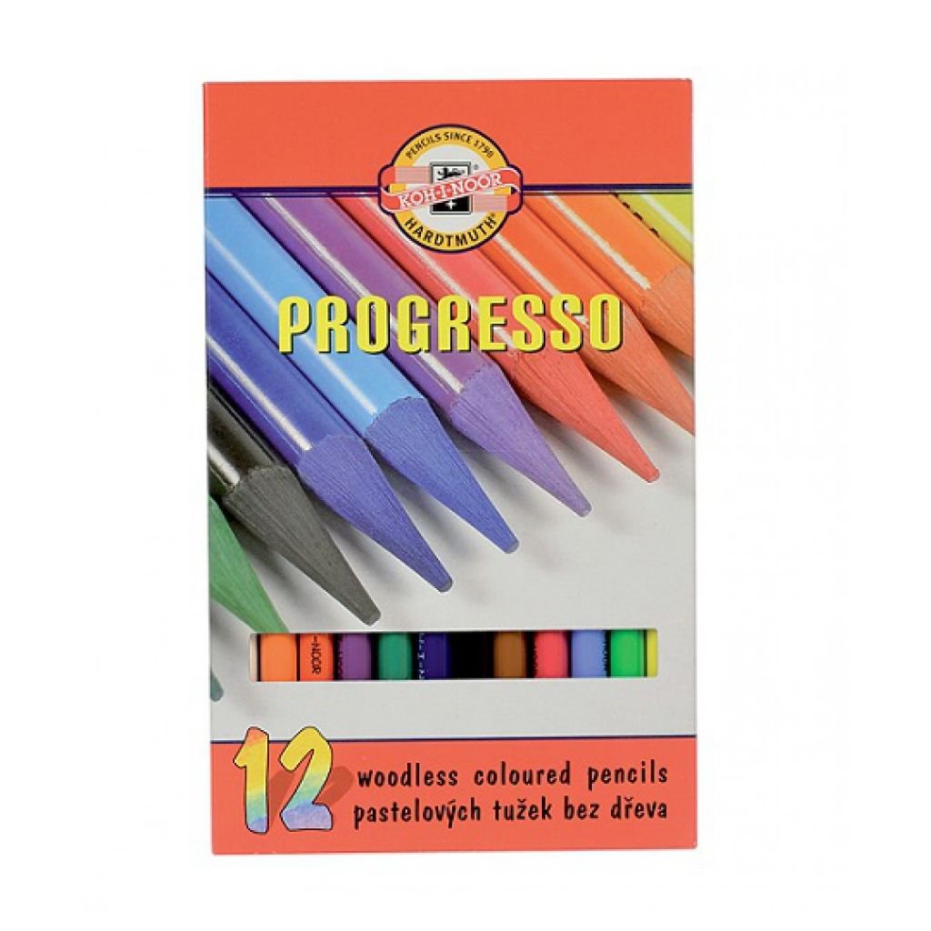 Koh-I-Noor Progresso Woodless Artist's Coloured Pencils - Set of 12 Assorted Colours